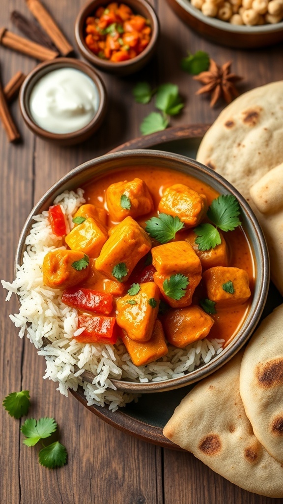 Butter chicken in a bowl with rice and naan, garnished with cilantro, on a rustic table.
